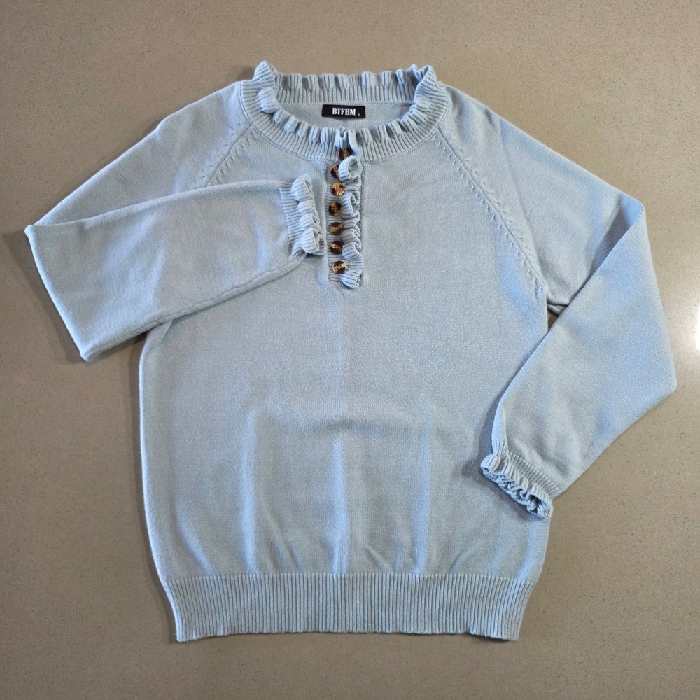 BTFBM Womens Light Blue Ruffle Neck Henley Sweater Size S Long Sleeve Knit Top